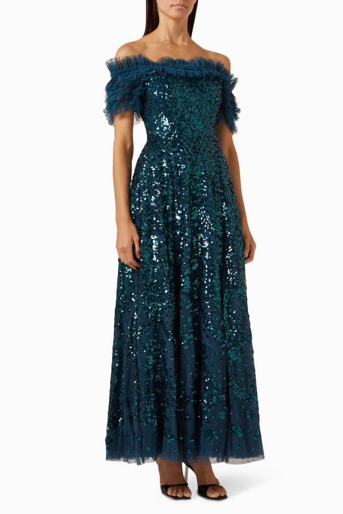 

Sequin Wreath Off-the-shoulders Gown in Recycled Tulle, Blue