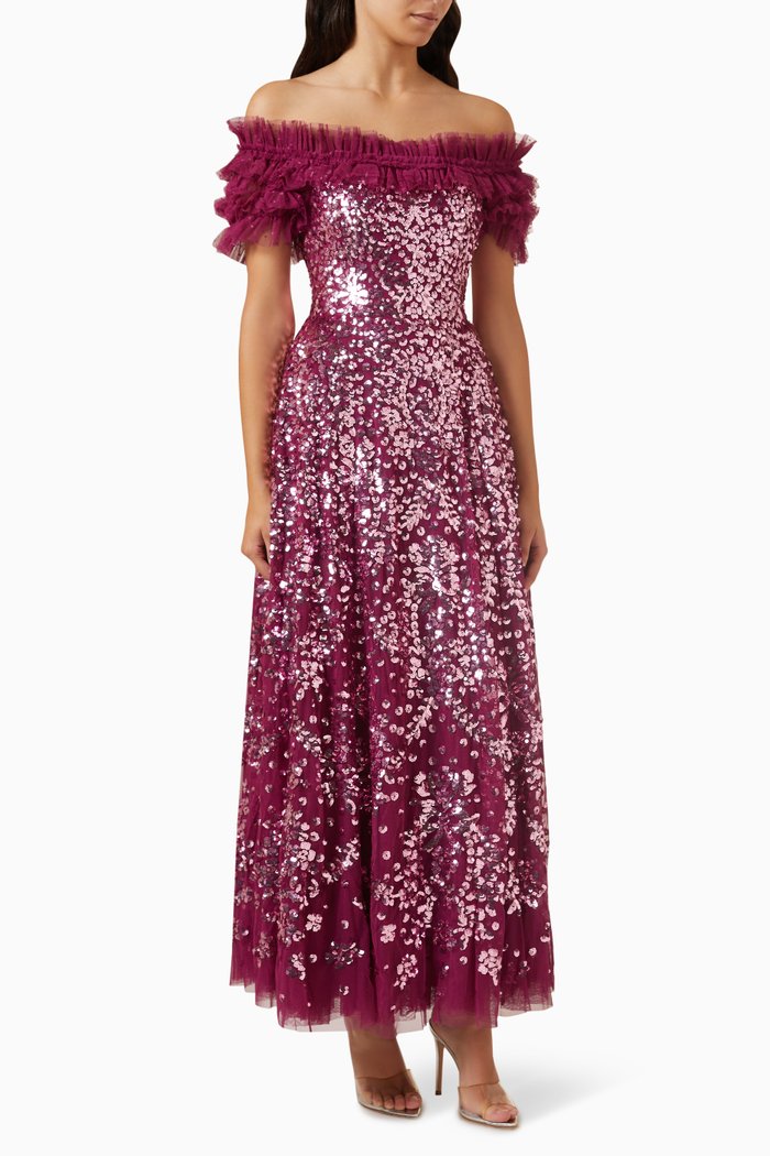 

Sequin Wreath Off-the-shoulders Gown in Recycled Tulle, Purple