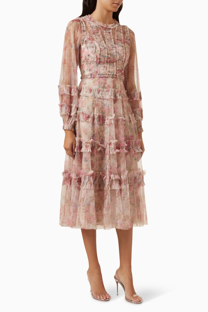 

Floral Wreath Ruffle Ballerina Midi Dress in Recycled Tulle, Pink