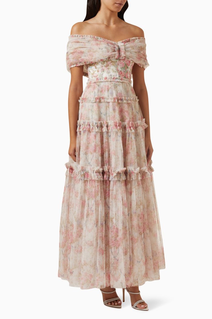 

Floral Wreath Grace Off-shoulder Gown in Tulle, Pink