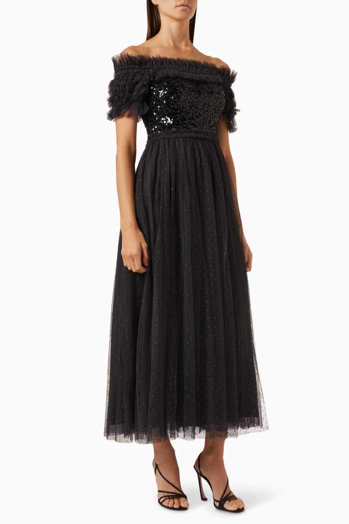

Sequin Wreath Bodice Off-shoulder Gown in Recycled Tulle, Black