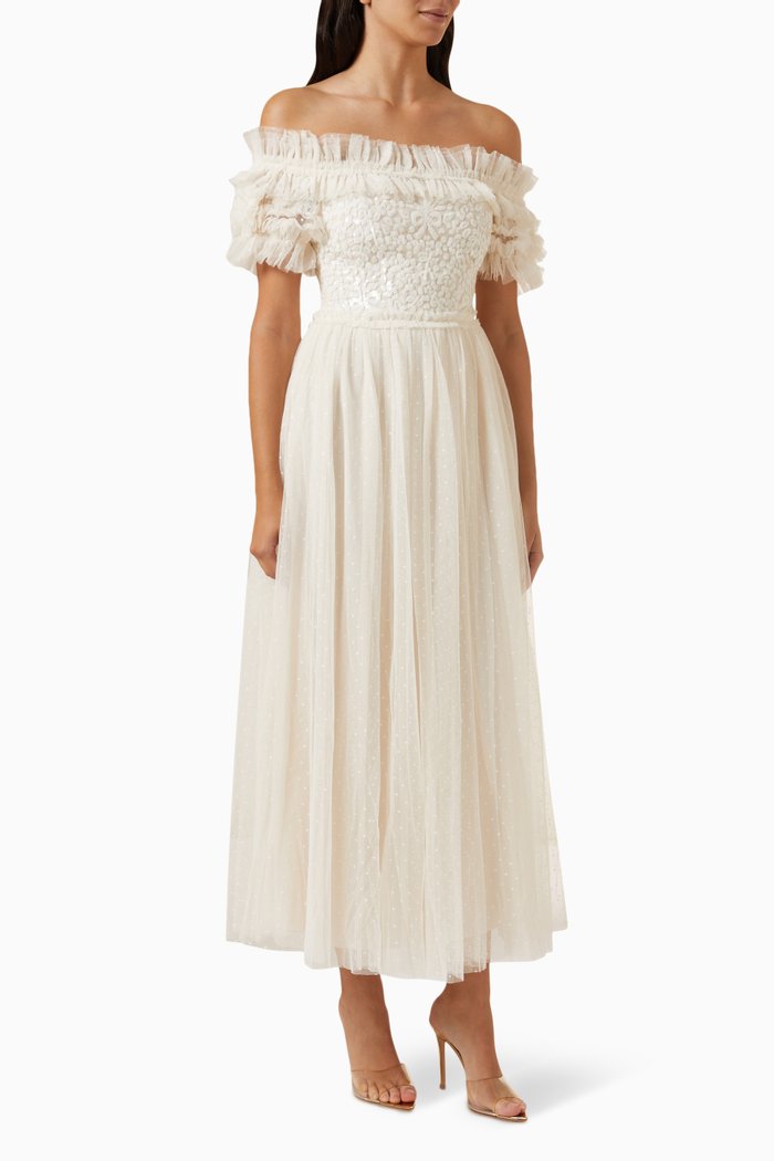 

Sequin Wreath Bodice Off-shoulder Gown in Recycled Tulle, Neutral