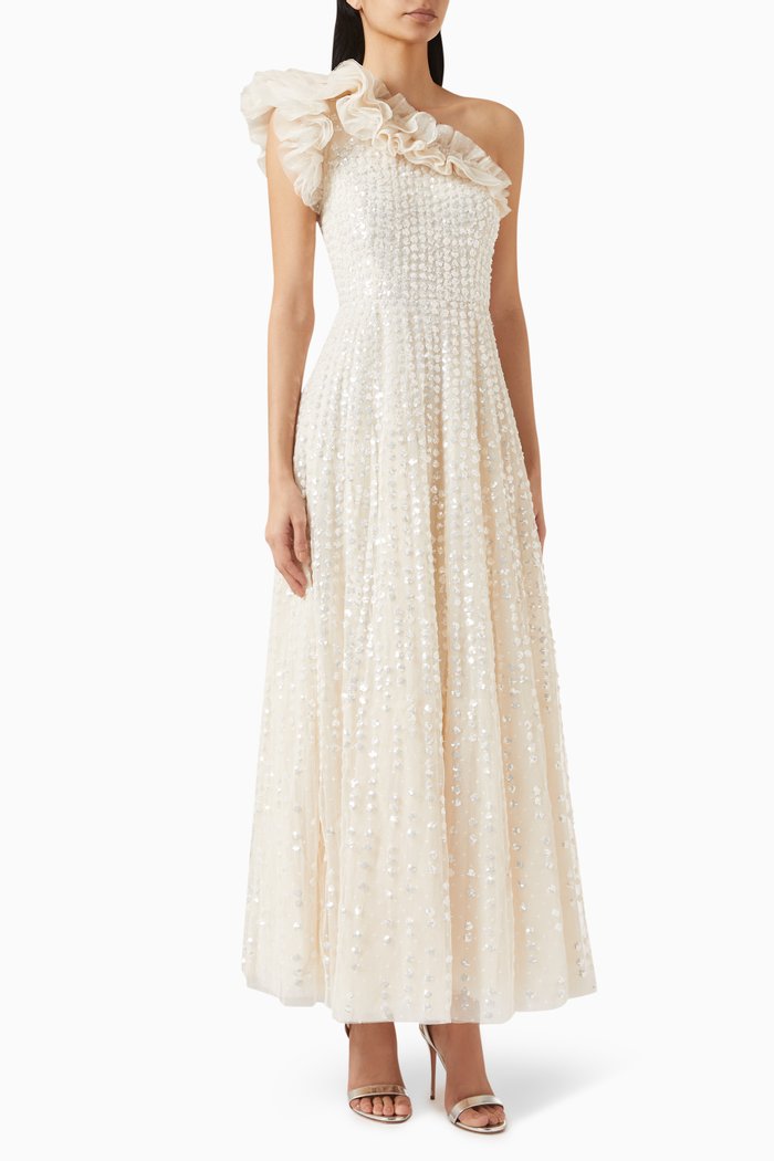 

Raindrop One-shoulder Gown in Recycled Tulle, Neutral