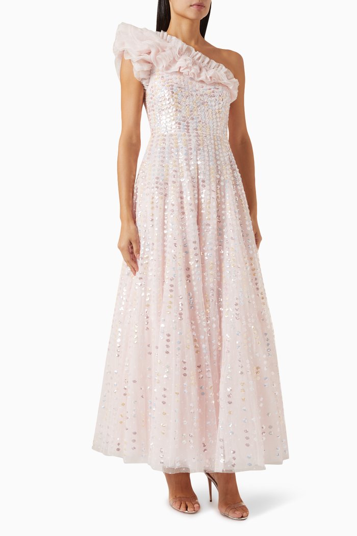 

Raindrop One-shoulder Gown in Recycled Tulle, Pink