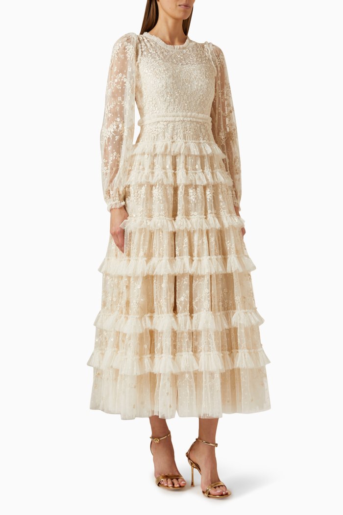 

Blossom Lace Ankle Gown in Tulle, Neutral
