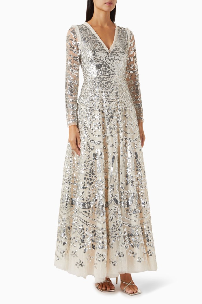 Chandelier Gloss Gown in Recycled Tulle, Silver
