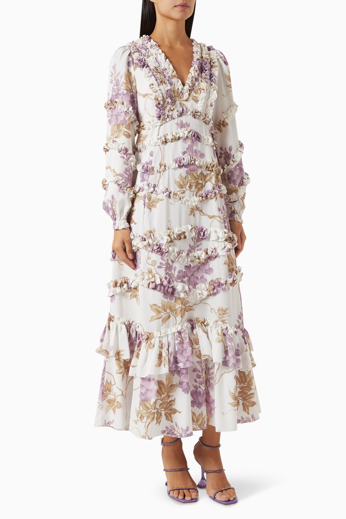 

Wisteria Crepe V-Neck Gown in Polyester, Multicolour