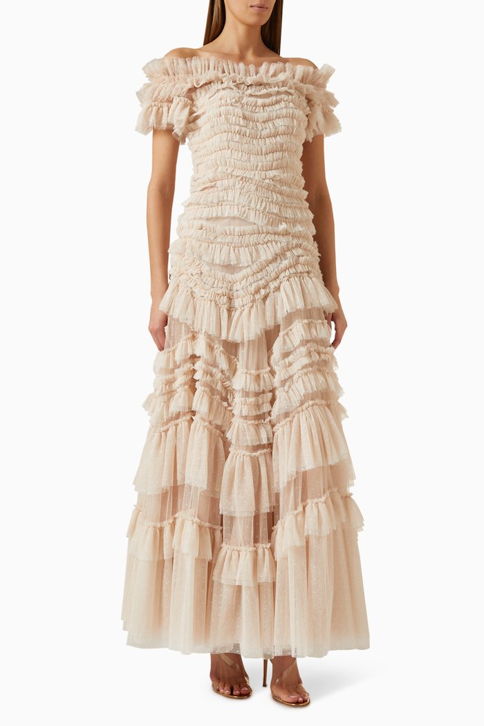 

Off-shoulder Ruffled Gown in Tulle, Pink