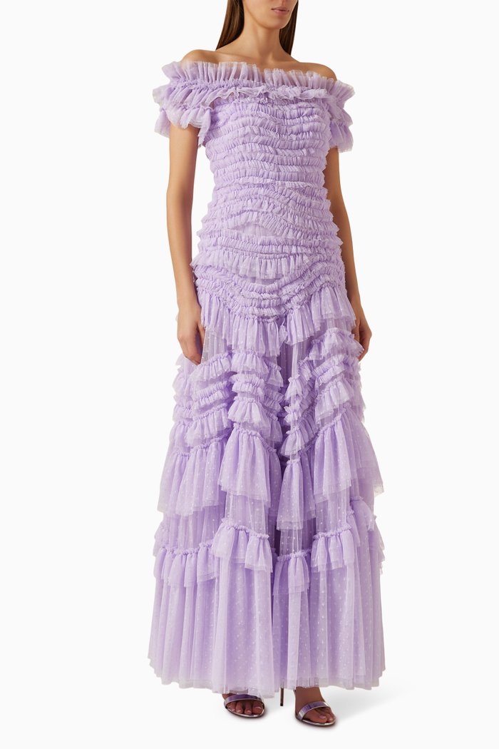 Off-shoulder Ruffled Gown in Tulle, Purple