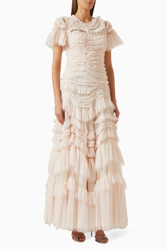 

Wild Rose Ruffled Gown in Tulle, Neutral