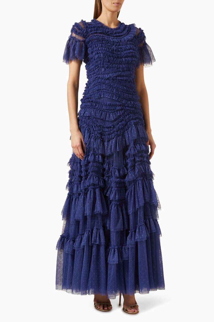 

Wild Rose Ruffled Gown in Tulle, Blue