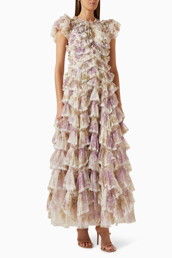 

Wisteria Ruffle Lace Gown in Recycled Tulle, Multicolour