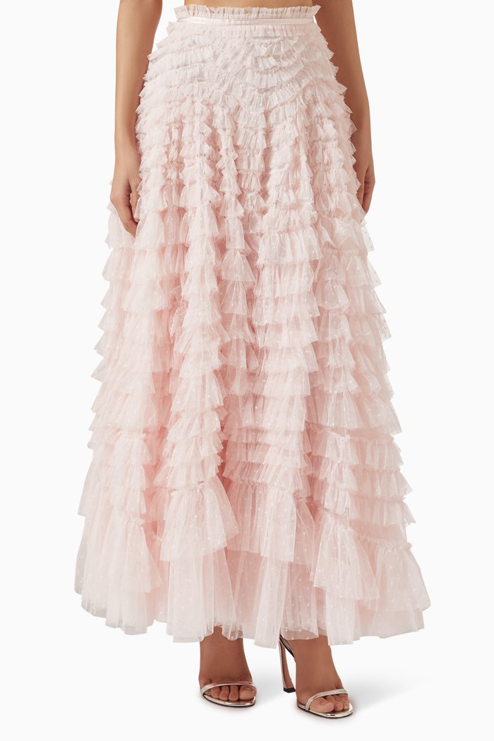 Hattie Ruffle Maxi Skirt in Recycled Tulle, Pink
