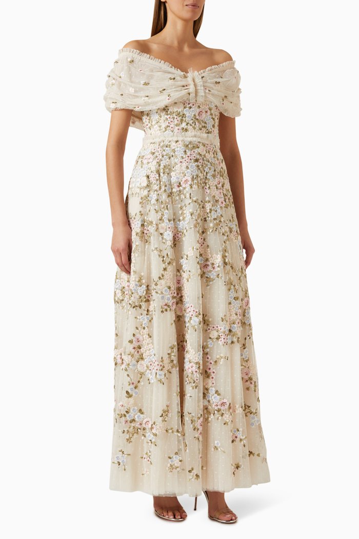 

Lunaria Wreath Off-Shoulder Gown in Tulle, Neutral