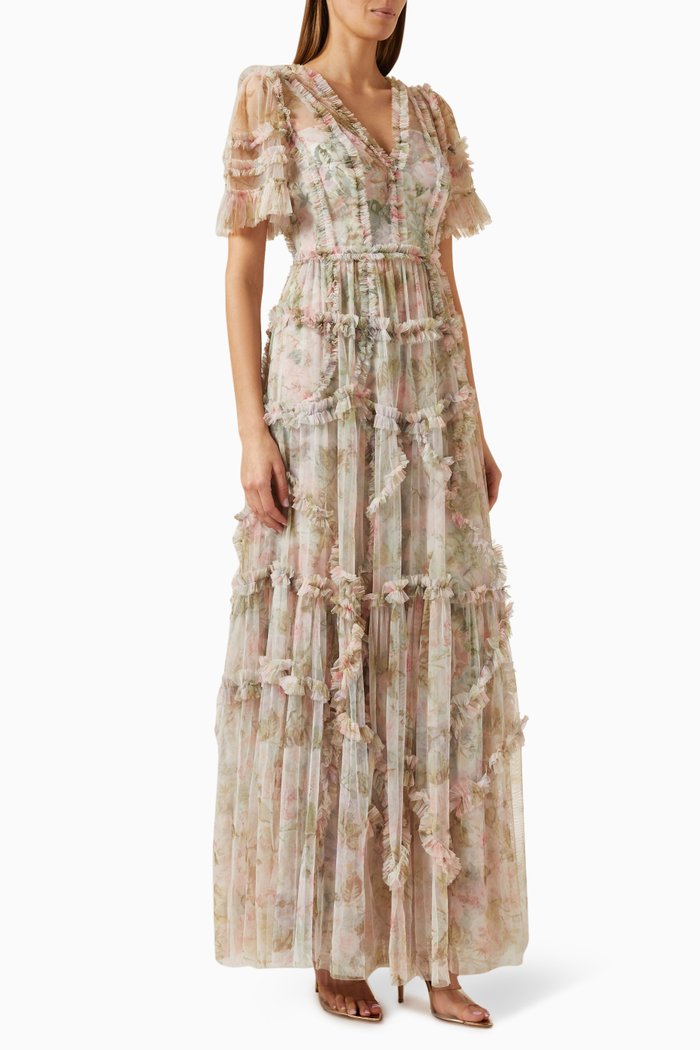 Rose Powder Ruffle Gown in Tulle, Multicolour