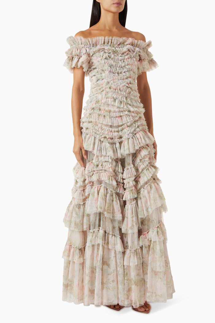 Rose Powder Off Shoulder Gown in Tulle, Multicolour