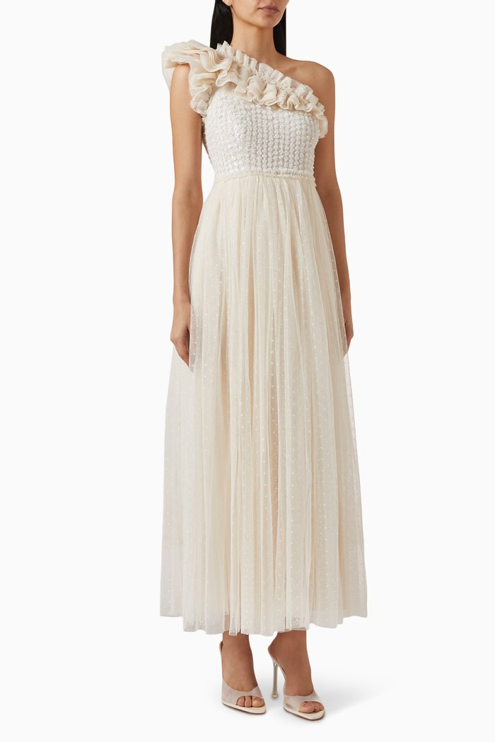 

Raindrop Bodice One-shoulder Gown in Recycled Tulle, Neutral
