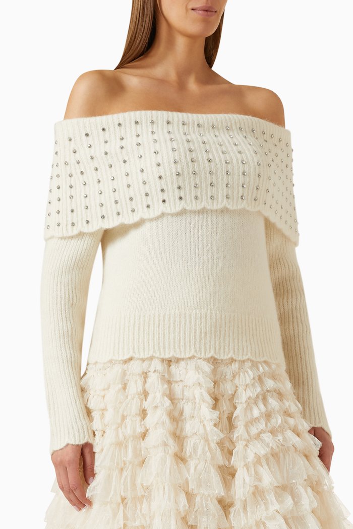Embellished Bardot Sweater in Knit, Neutral