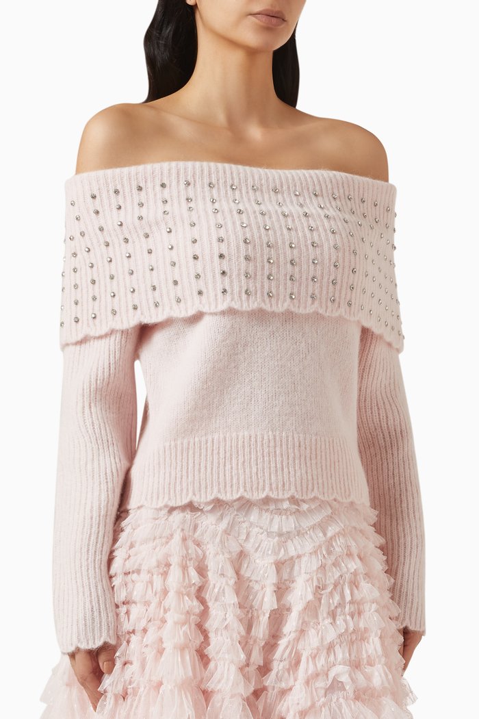 

Embellished Bardot Sweater in Knit, Pink