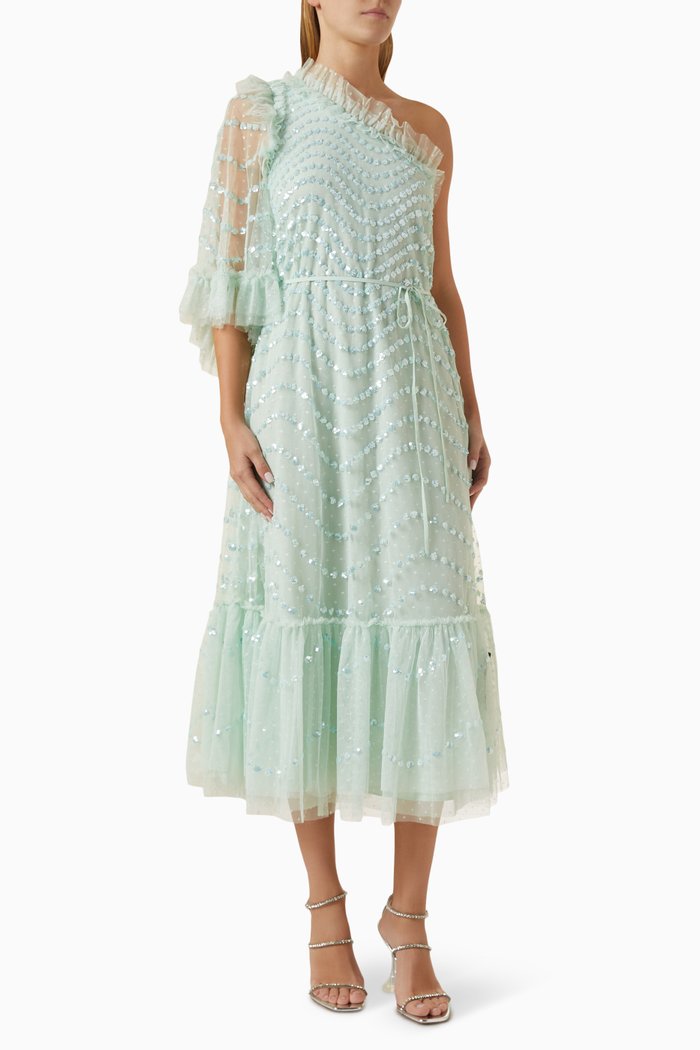 

Shimmer Wave One-shoulder Ballerina Dress, Green