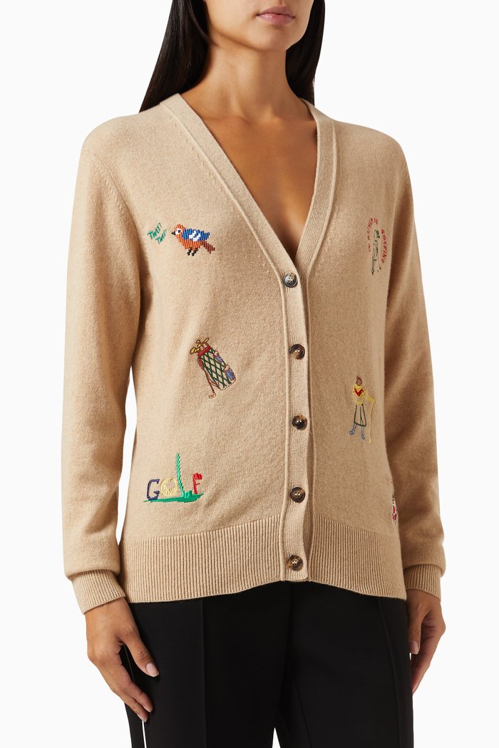 Sport Golfers Embroidered Cardigan in Cashmere, White