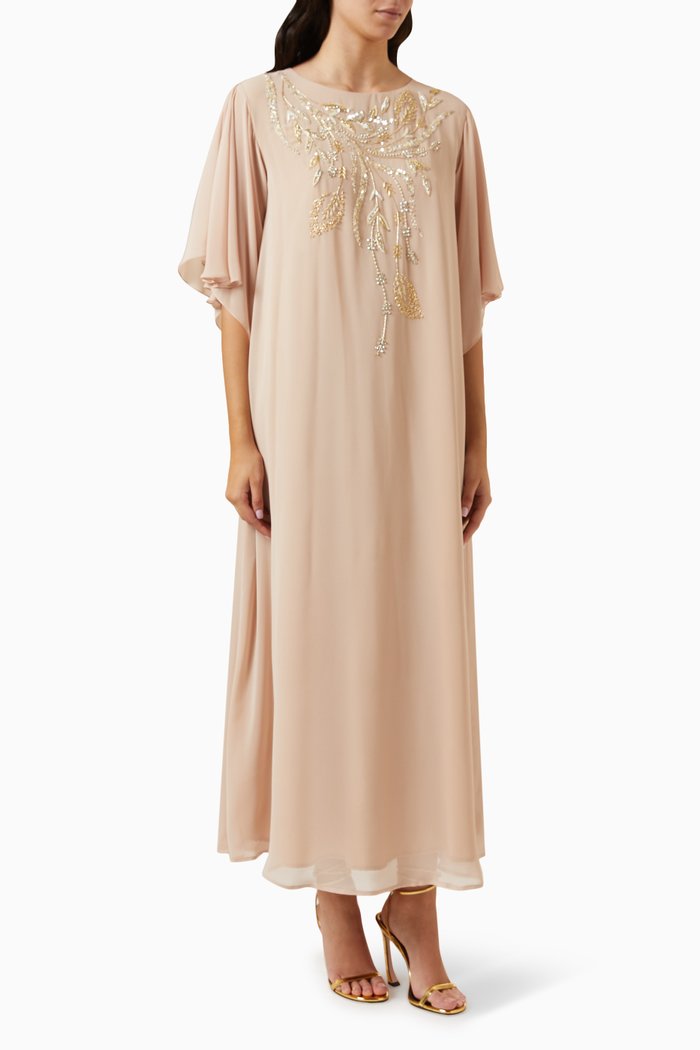 

Hand Embroidered Jalabiya in Chiffon, Neutral