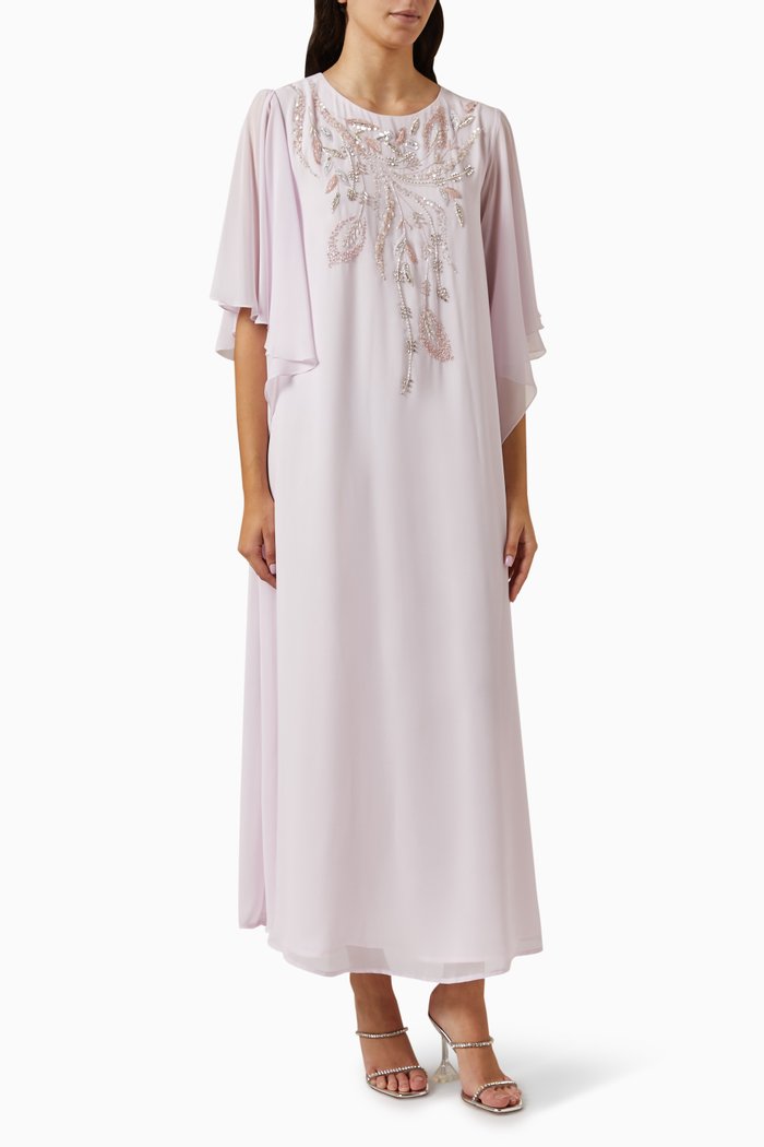 

Hand Embroidered Jalabiya in Chiffon, Pink