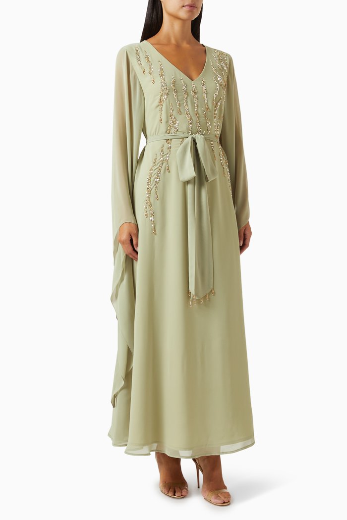 

Hand Embroidered Jalabiya in Chiffon, Green