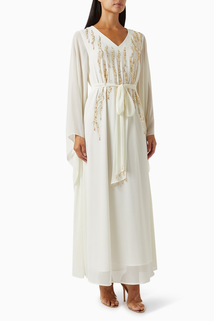 

Hand Embroidered Jalabiya in Chiffon, Neutral
