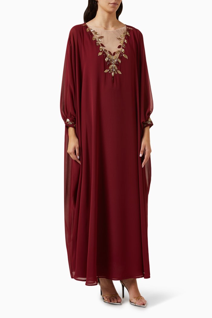 

Leaf Trim Neck Jalabiya in Chiffon, Red