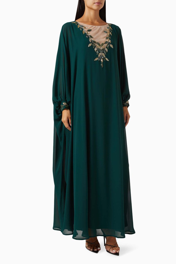 

Leaf Trim Neck Jalabiya in Chiffon, Green