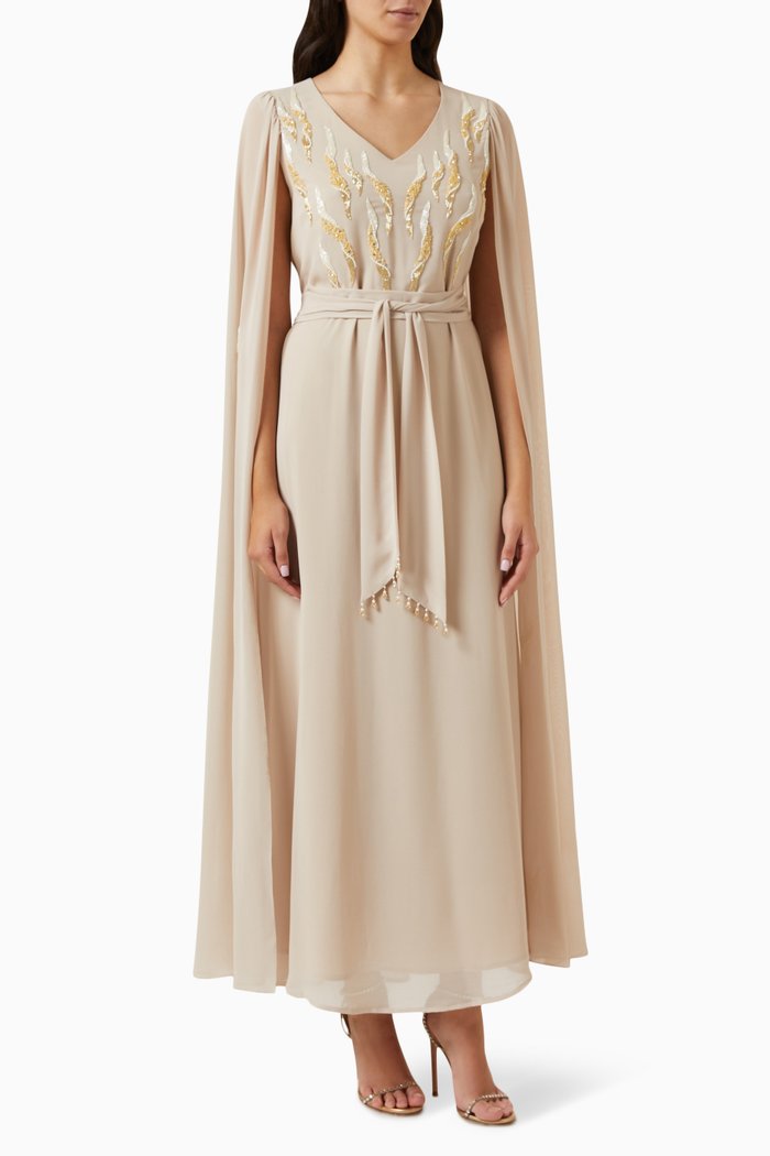 

Hand Embroidered Sequin Jalabiya in Chiffon, Neutral