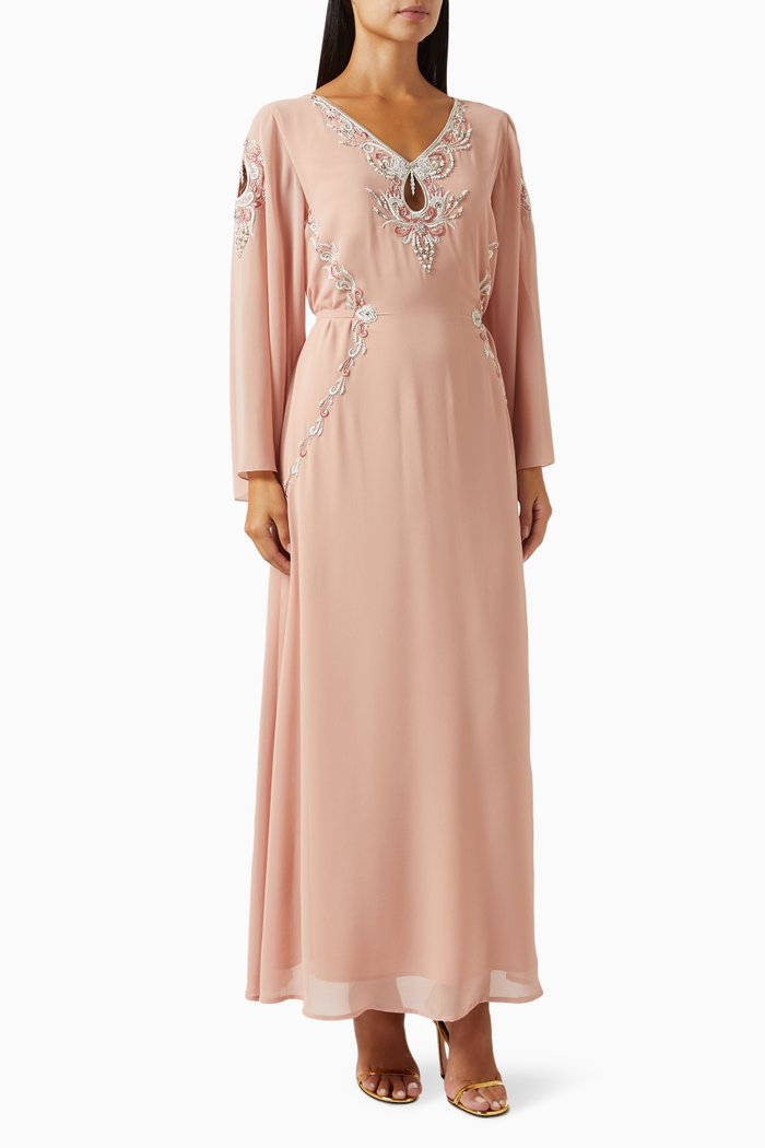 

Embroidered V-neck Jalabiya in Chiffon, Pink