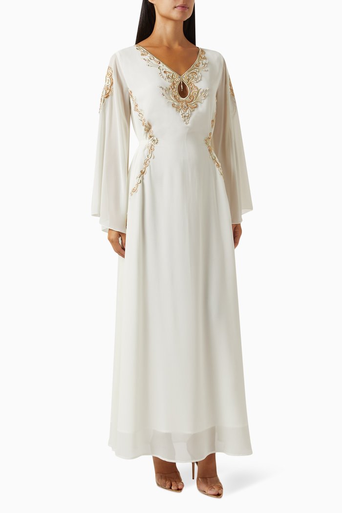 

Embroidered V-neck Jalabiya in Chiffon, Neutral