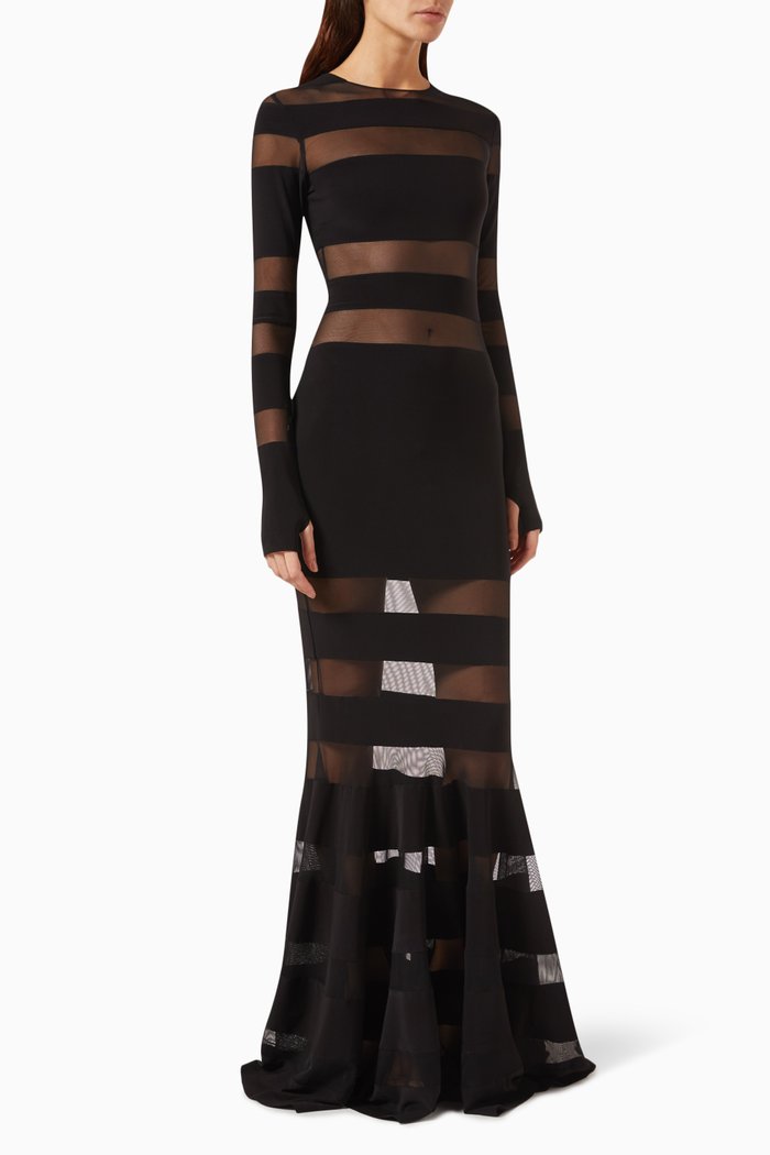 

Spliced Fishtail Gown in Mesh, Black