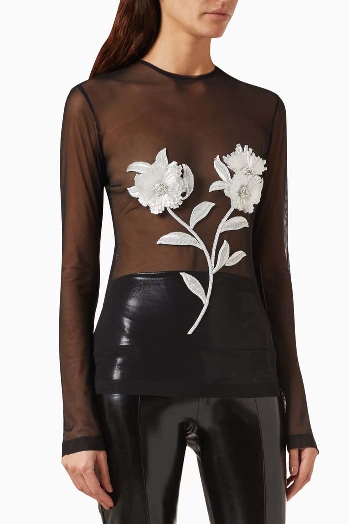 

Floral-embroidered Top in Mesh, Black