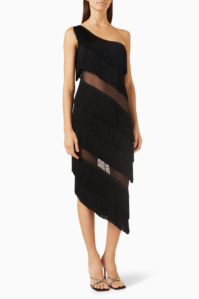 

Spliced One-shoulder Fringe Dress, Black
