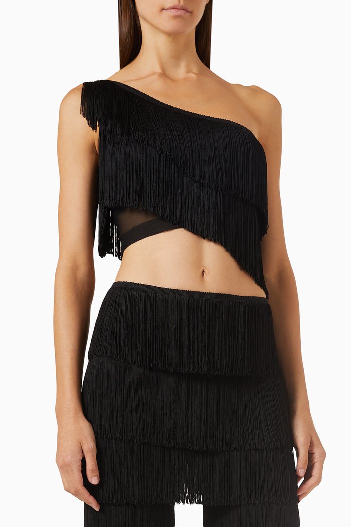 Spliced One-shoulder Fringe Top, Black