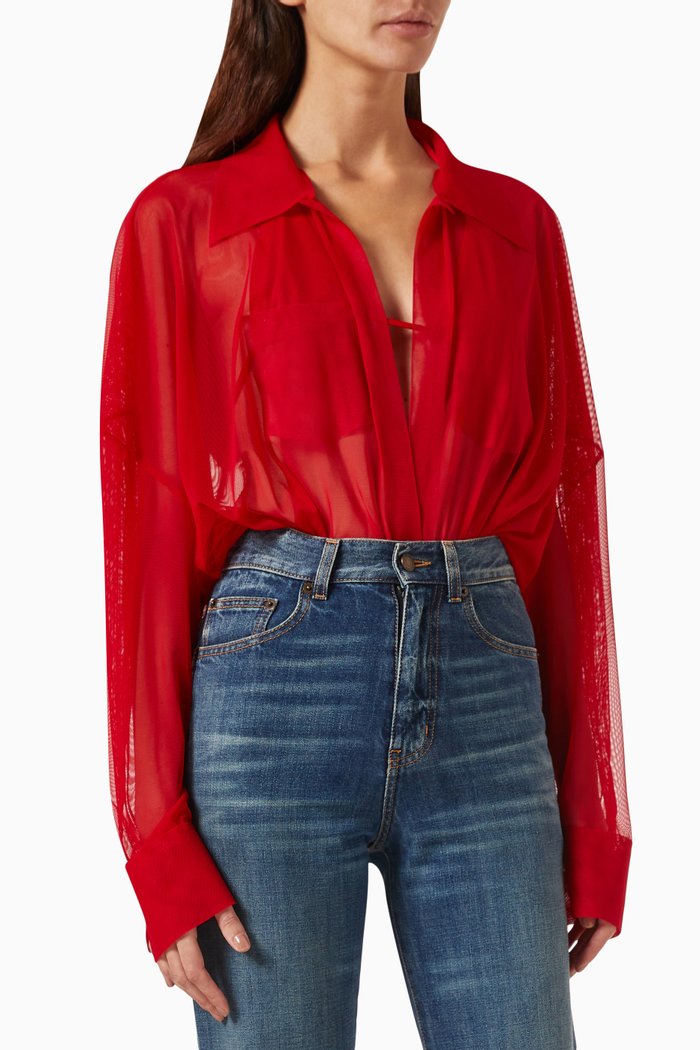 

Oversized Boyfriend Shirt Bodysuit in Mesh, Red