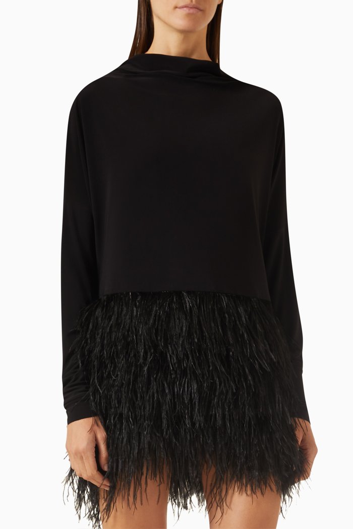 All-in-one Feather-trimmed Mini Dress, Black