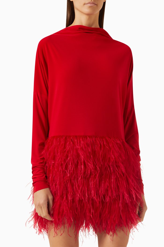 

All-in-one Feather-trimmed Mini Dress, Red