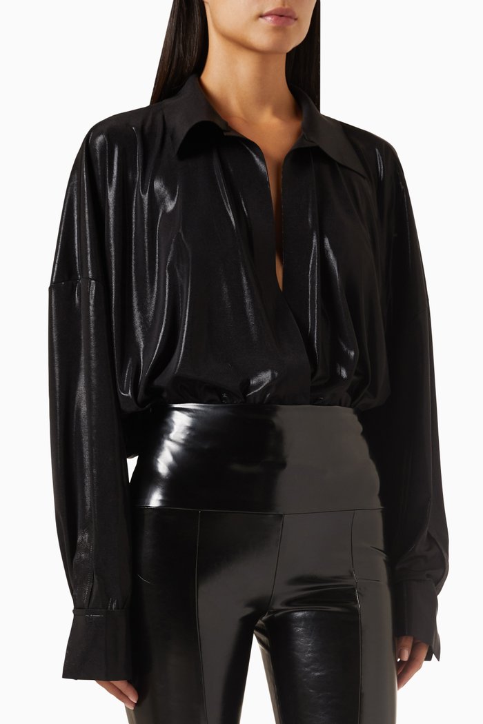 

Super Oversized BF Shirt Bodysuit in Stretch Lamé, Black