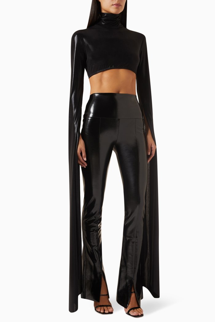 

Ribbon-sleeve Turtleneck Crop Top in Stretch Lamé, Black