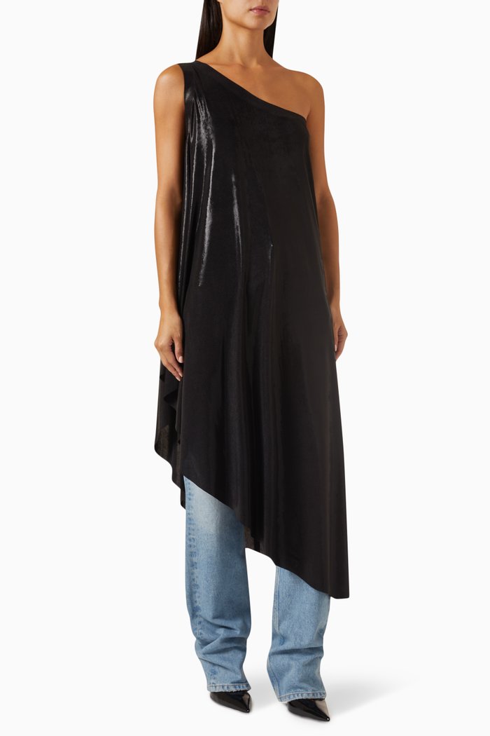 

One-shoulder Diagonal Tunic in Stretch Lamé, Black