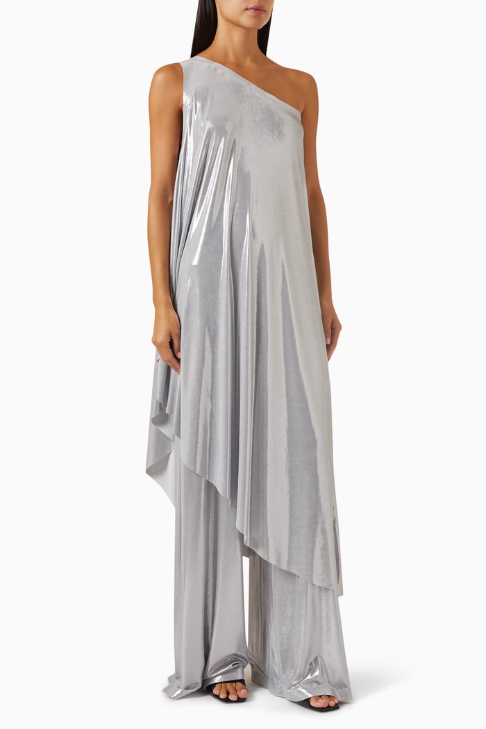 

One-shoulder Diagonal Tunic in Stretch Lamé, Silver