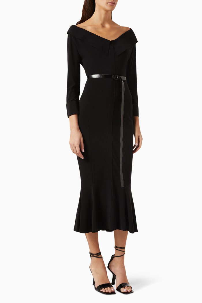 

Off-Shoulder Fishtail Midi Dress in 4-way Stretch Poly-lycra, Black