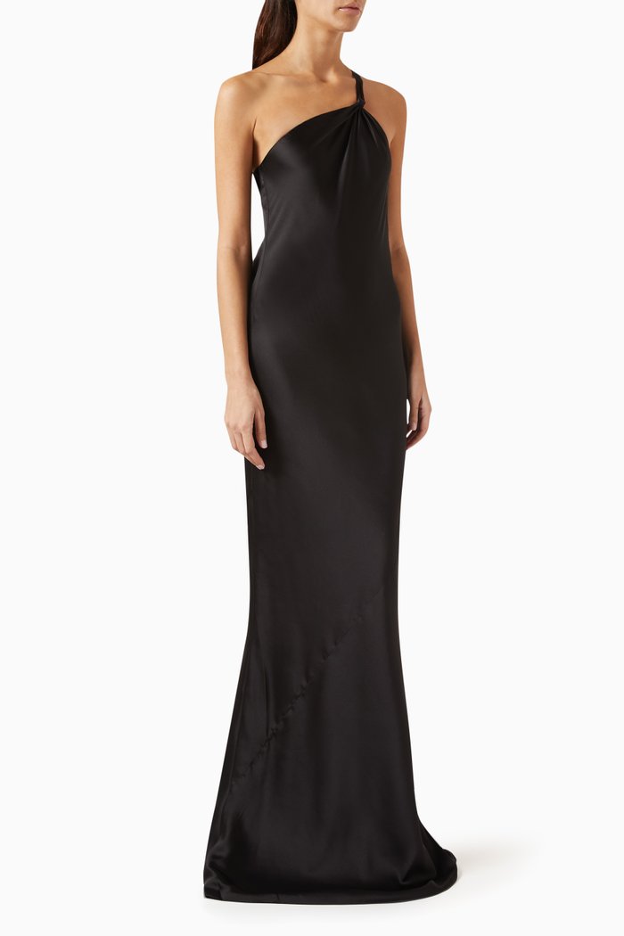 

One-Shoulder Bias Gown in Polyester, Black