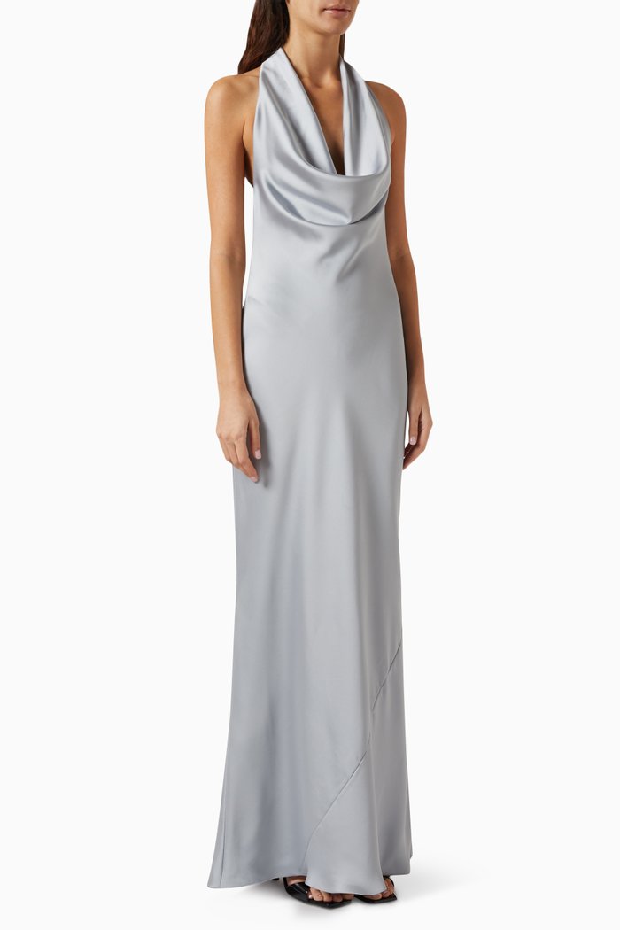 

Halter Drape Bias Gown in Crêpe Satin, Silver