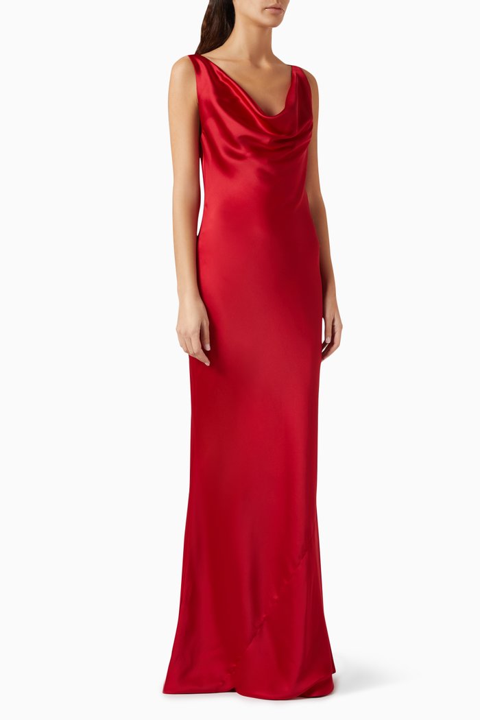 

Deep Drape Neck Gown in Crêpe Satin, Red