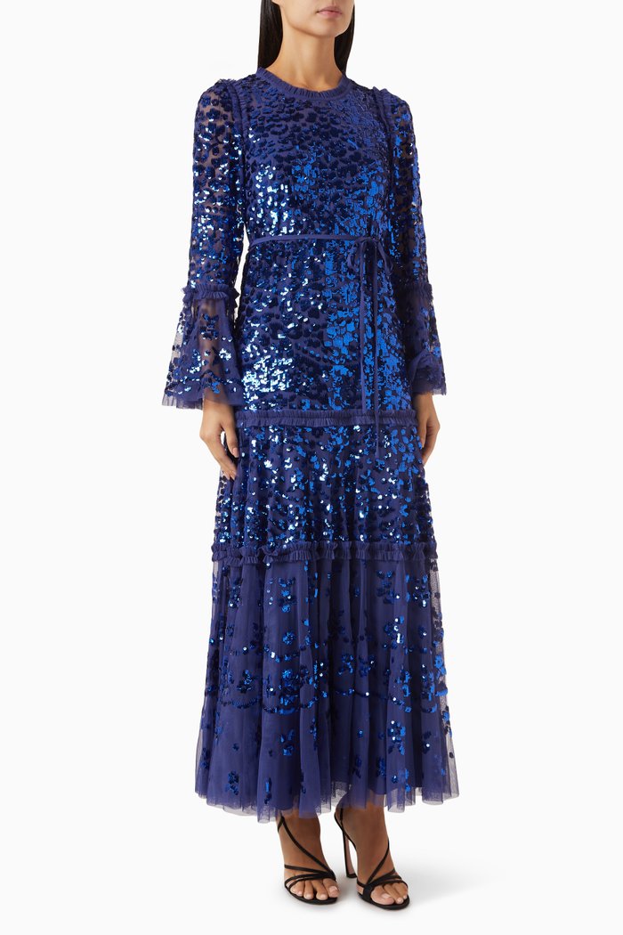 

Annie Sequin Tiered Ankle Gown in Tulle, Blue